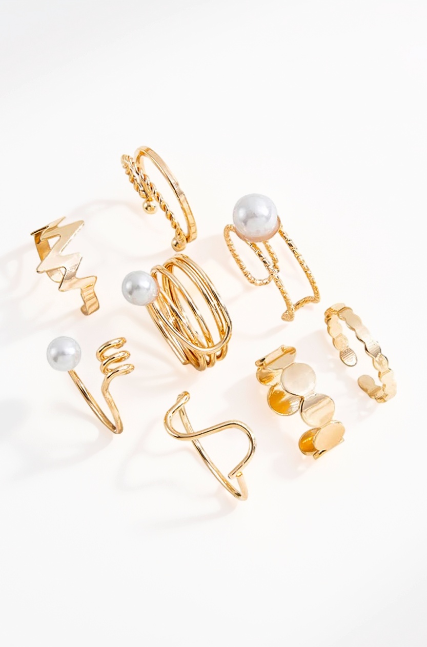 8pcs Stylish Pearl Rings for Women and Girls (Golden) (14772r)