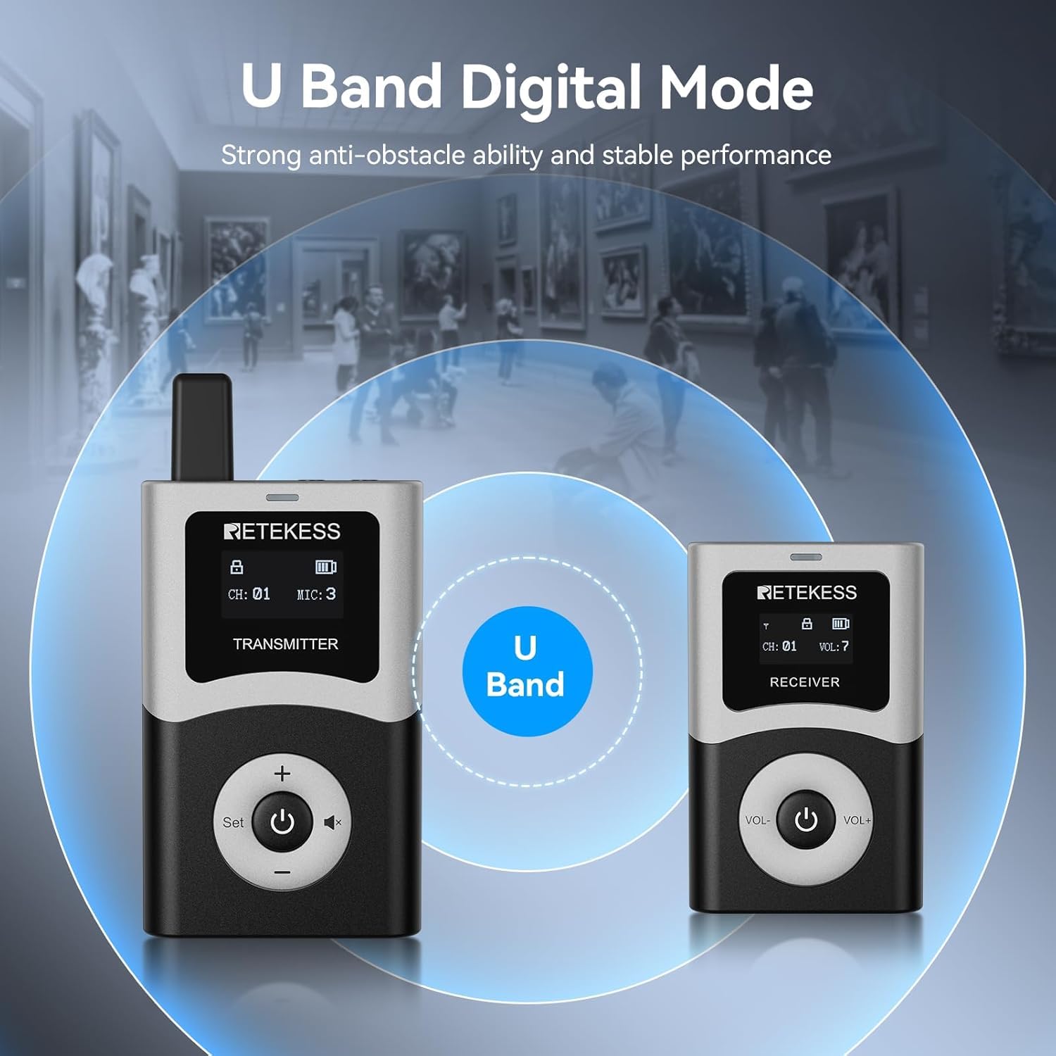 Retekess T130U (T130 4rd) Sistema di Guida Turistica Wireless, Microfono per Guida Turistica, 200 m, Banda U Qualità Audio Nitida, Funzionamento Con un Solo Tasto, Adatto per chiese, scuole e viaggi