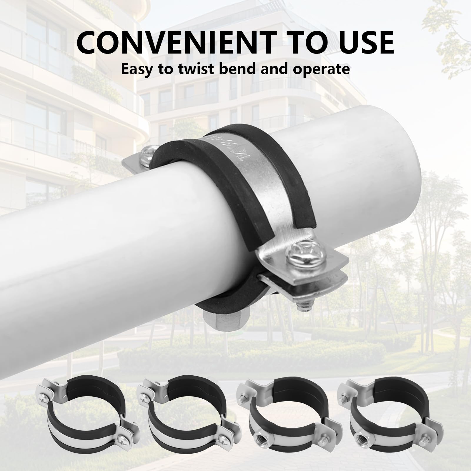 Clip de tubería, con inserciones de goma, con un diámetro ajustable de 40 - 43 mm / 1 1 / 4 ", muy adecuado para proyectos de instalación y decoración de tuberías, con 4 soportes metálicos disponibles