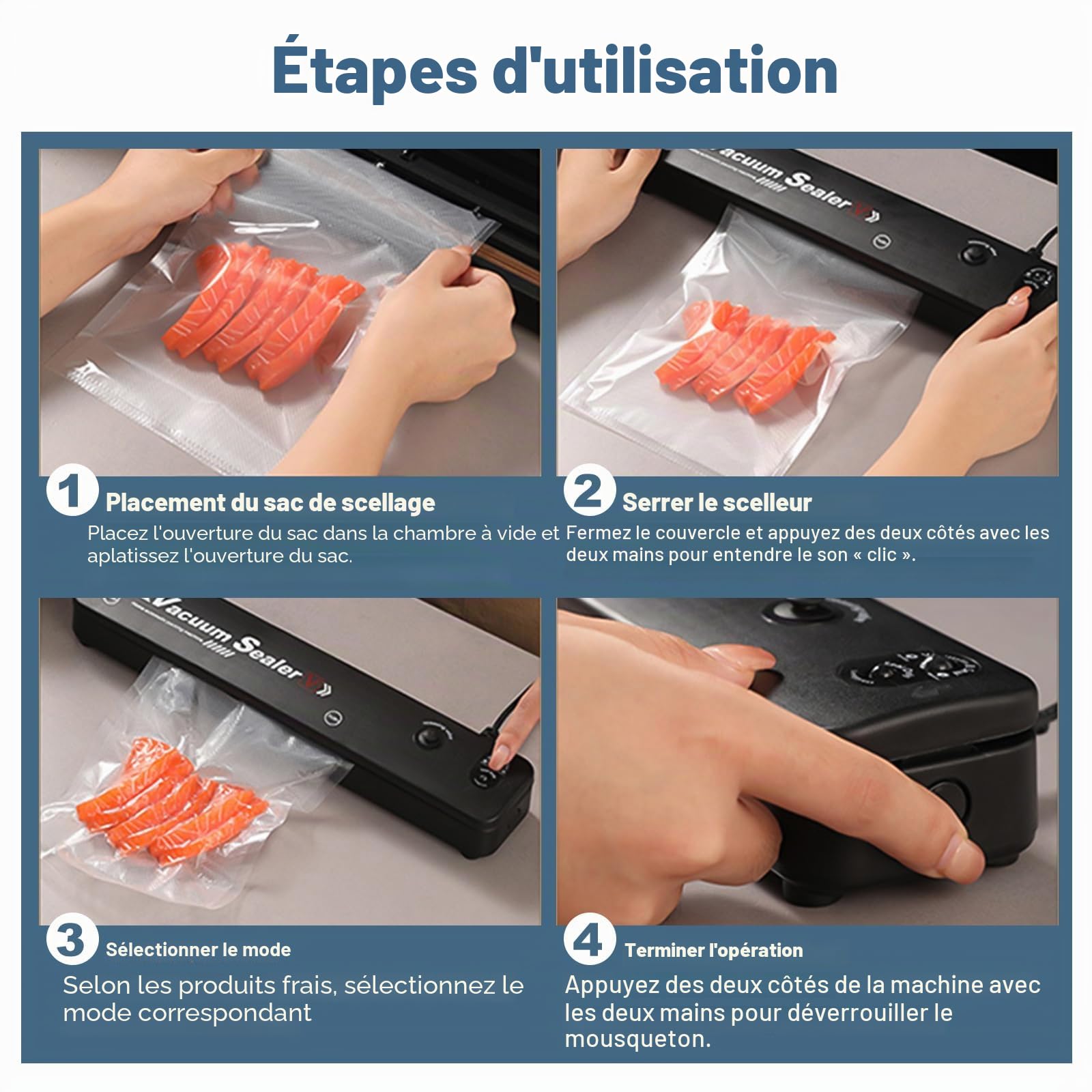 Scelleur alimentaire sous vide avec 10 PCS sacs de scellage Sacs de conservation réutilisables pour la cuisson sous vide, anti-fuite et résistant à l'humidité