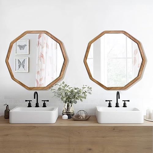 Miniatura 4 de ULIKE Espejo de madera para pared, espejo rústico de 24 pulgadas con marco de madera, espejos decorativos de tocador para montar en la pared para