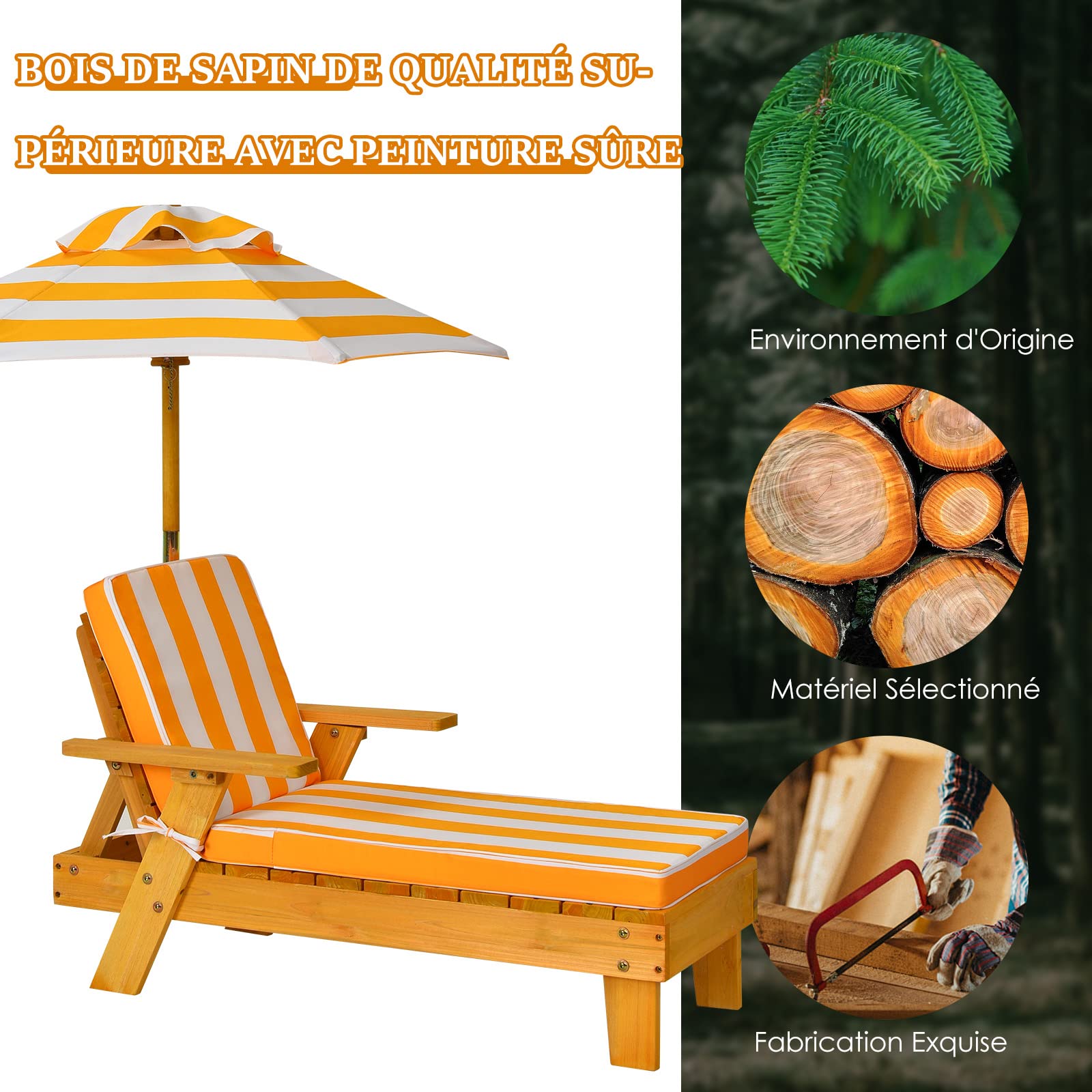GOPLUS Chaise Longue Enfant avec Parasol, Transat de Jardin Extérieur pour Bain de Soleil, Salon de Jardin pour Plage, Camping, Patio, Charge 50KG, 92x49x106 CM