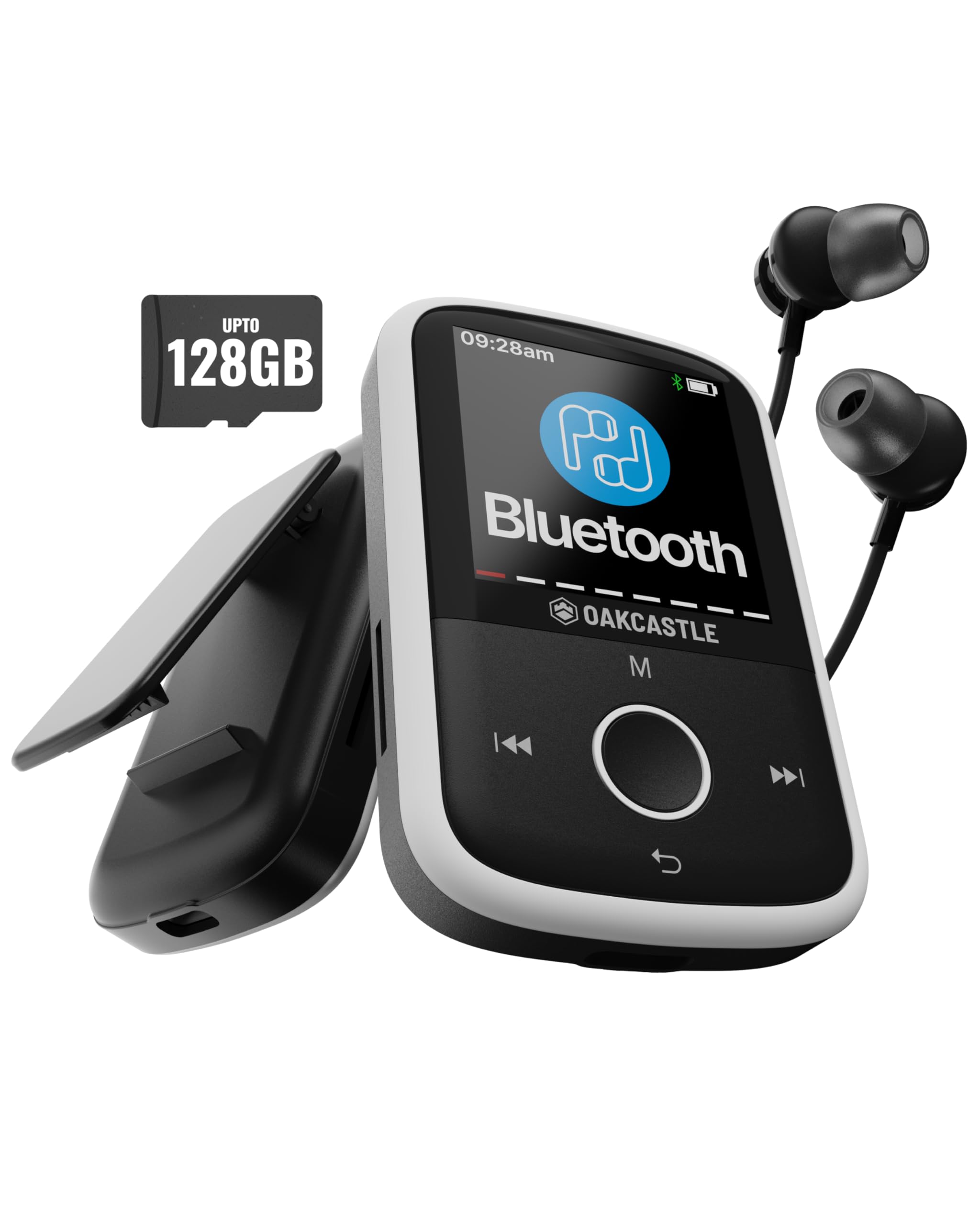 Reproductor MP3 Bluetooth con Clip Deportivo | Auriculares incluidos | Memoria de 16GB, Ampliable a 128GB | Pantalla HD a Color, 34h de batería | SD y USB-C | Reproductor MP3 Oakcastle MP250