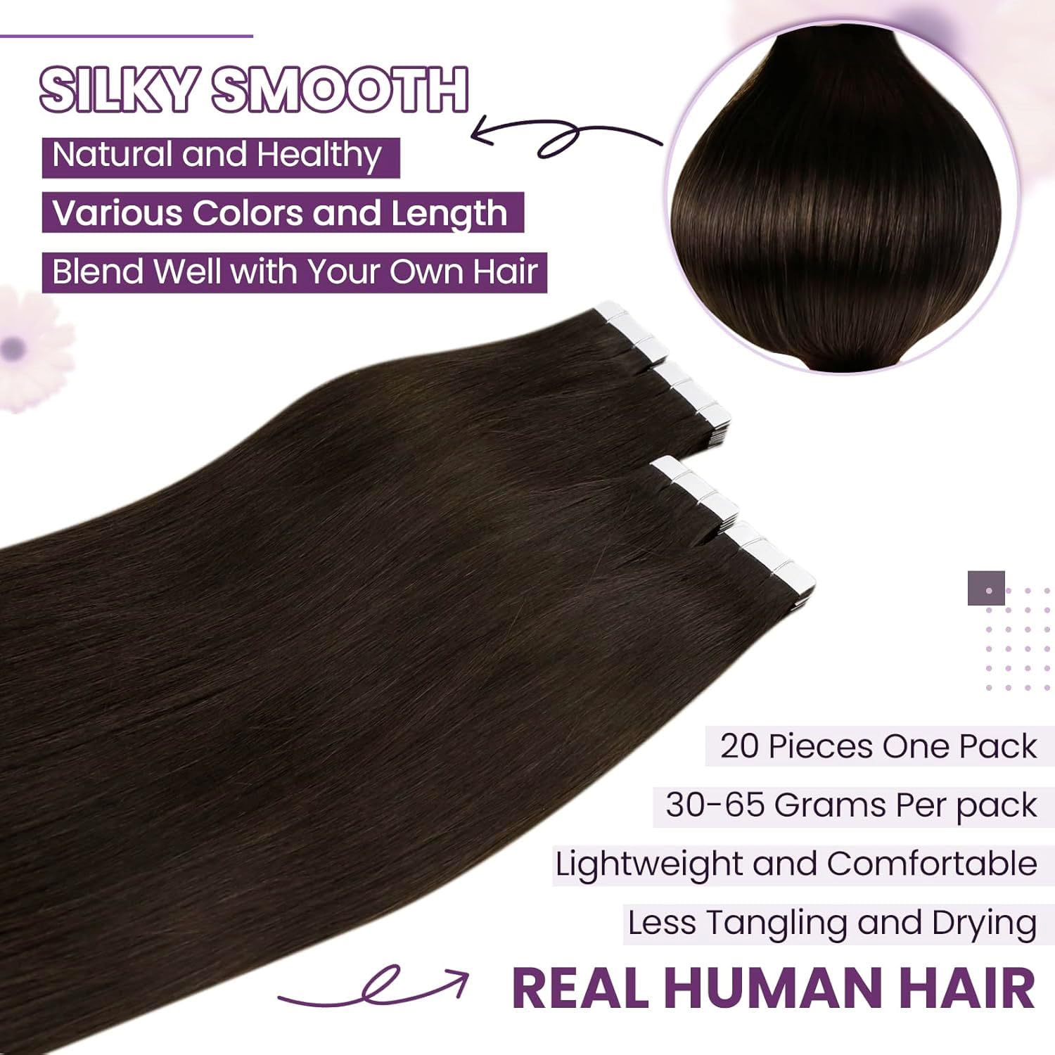 LaaVoo Tape in Hair Extensions Human Hair Dark Brown Tape Hair Extensions Real Human Hair Invisible Tapes Remy Straight Darkest Brown Hair Double Sided Tabs 20pcs 50g 18 Inch #2 - Image 2