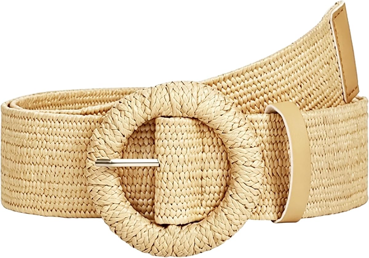Cinturón de rafia tejido de paja boho para mujer con hebilla cuadrada redonda para vestidos de verano, jeans y pantalones cortos