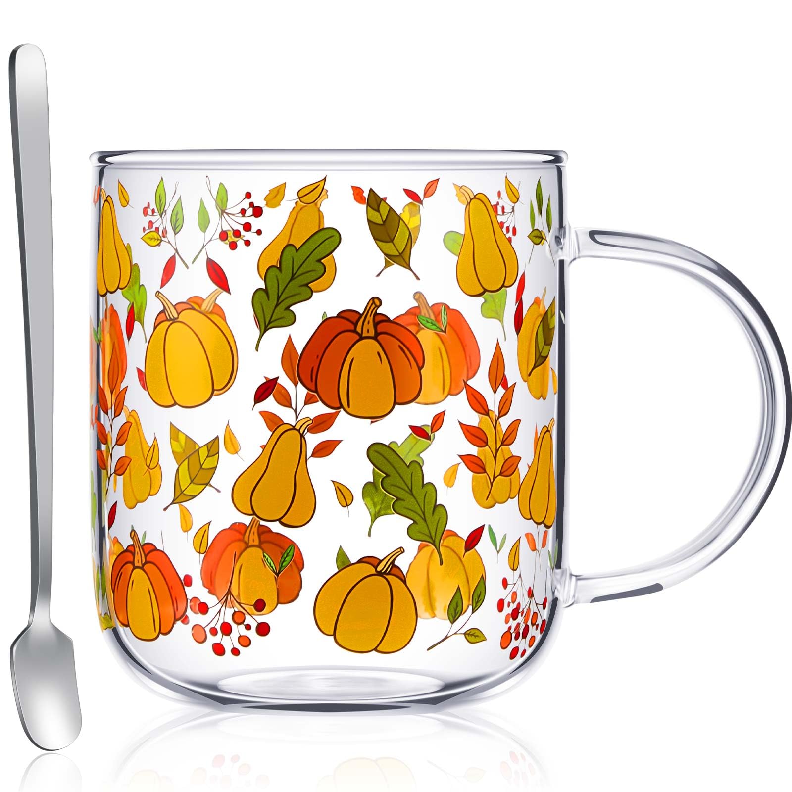 Mushroom Mug Pumpkin Mug with Handle, 15 oz Clear Mushroom Pumpkin Glass Cup, Cute Mushroom Stuff Coffee Mug with Stainless Steel Dessert Spoon for Coffee Tea Milk Gift Decor (Pumpkin)