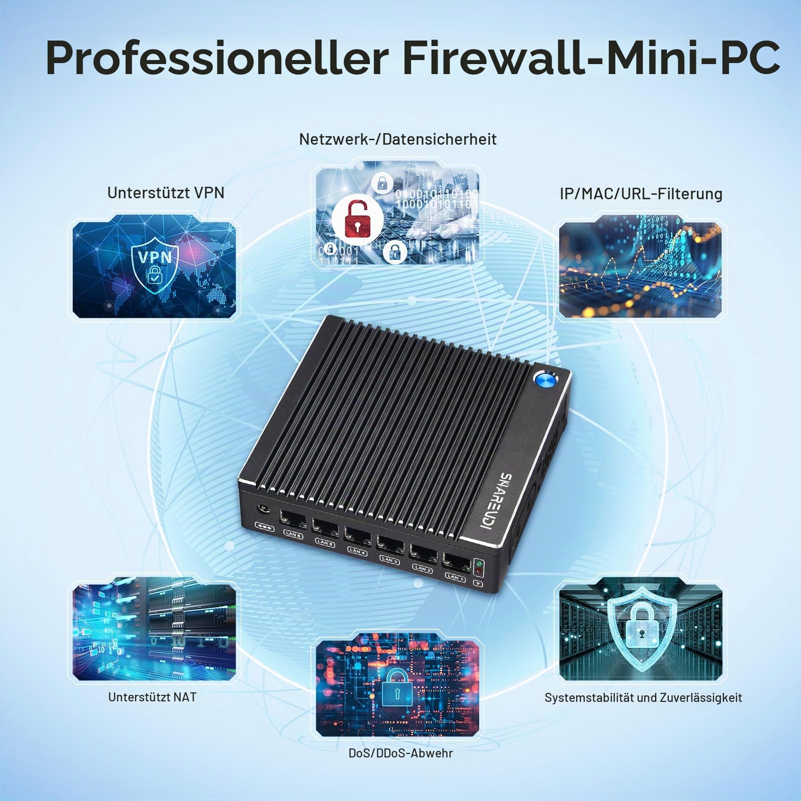 Fanless Micro Firewall Appliance, Firewall Mini PC Intel N3710 4C/4T, 6 x Intel 2.5 GbE i226-V LAN,AES-NI/4K/TYPE-C/SlM Card/TF/HD/Router Netgate 8GB DDR3 128GB mSATA SSD (8 G 128G Type-C)