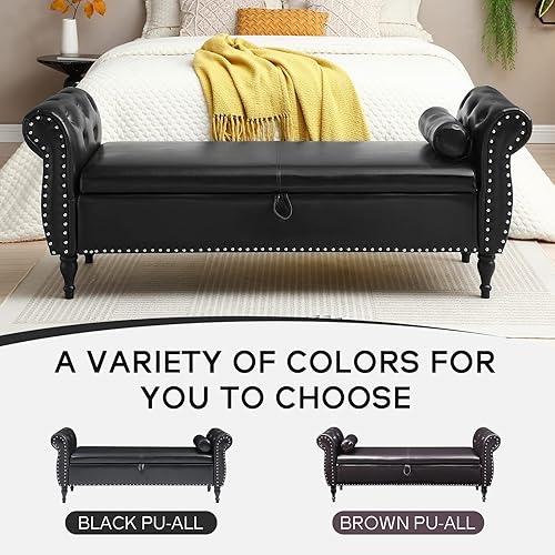 Miniatura 55 de NIOIIKIT Banco otomano de almacenamiento de 63 pulgadas, banco de entrada con botones al final de la cama, sofá otomano armado enrollado para Beige