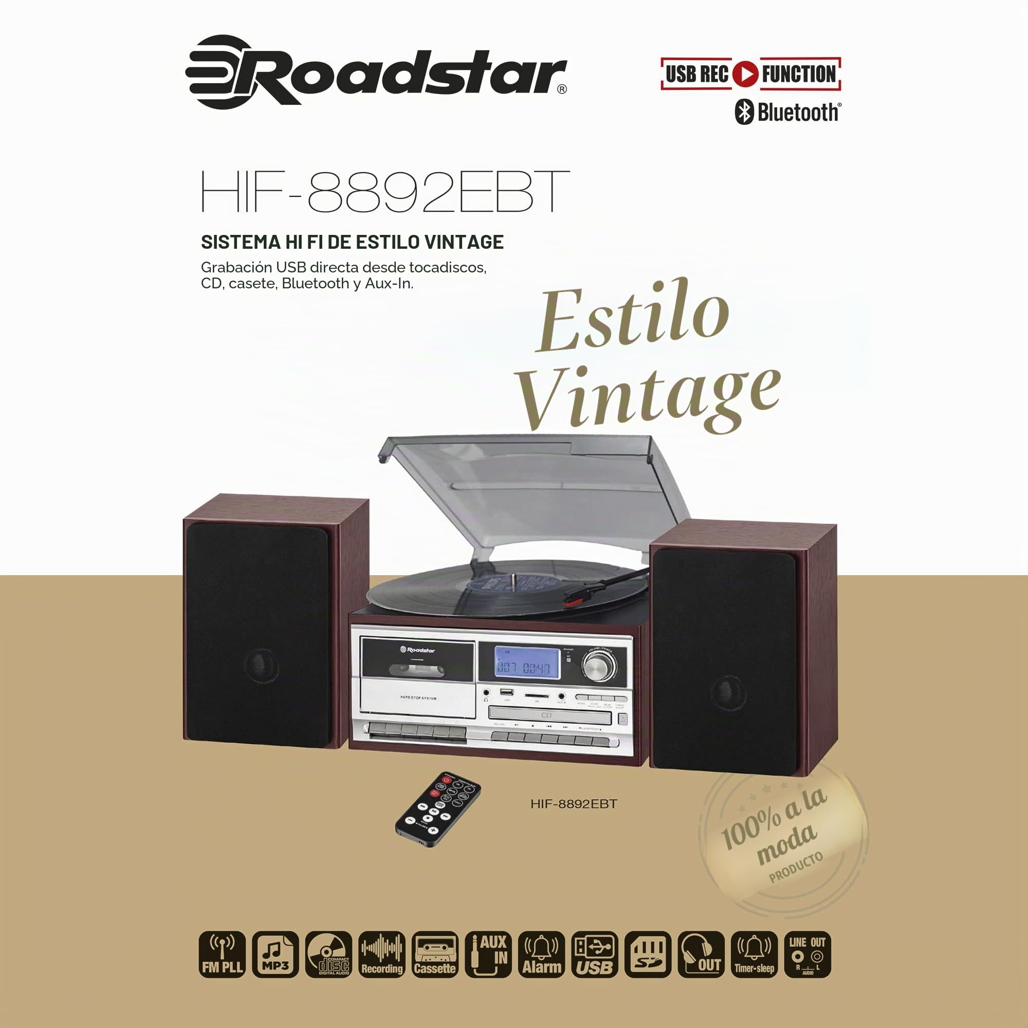 Roadstar HIF-8892EBT Minicadena de Música Hi-Fi Tocadiscos 33/45/78 rpm, Radio Digital PLL FM, Reproductor CD-MP3, Cassette, Bluetooth, USB Función Grabación, Tarjeta SD, Mando a Distancia, Madera