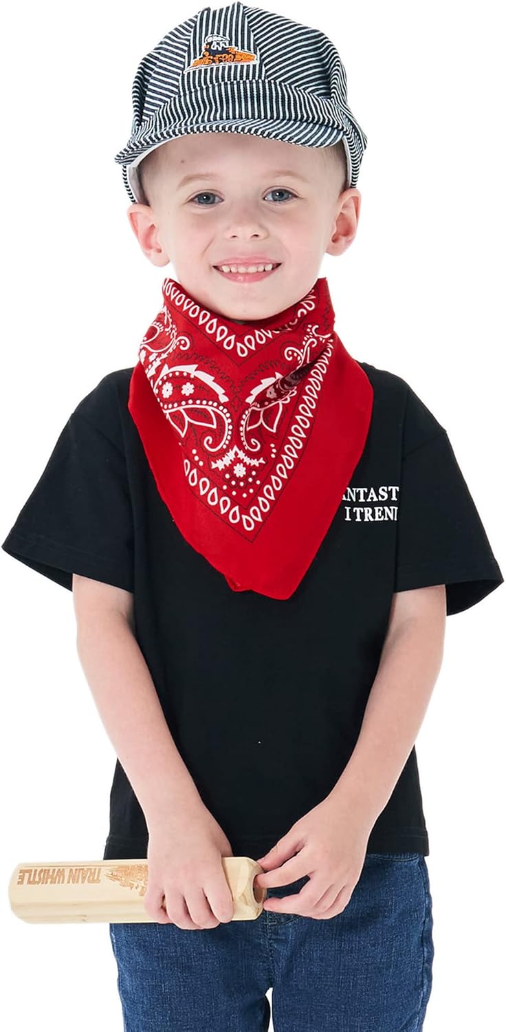 Conductor Hat+Wooden Train Whistle+Paisley Bandanna (3 in 1) Engineer Cap Adjustable Train Conductor Dress Up Kit for Kids Red - Image 8