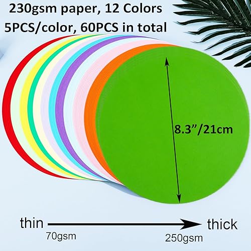 Miniatura 8 de KYMY 60 piezas de papel de cartulina redondo de color, 10 colores surtidos de 7.05 ozm grueso de color pastel, papel de construcción impreso de