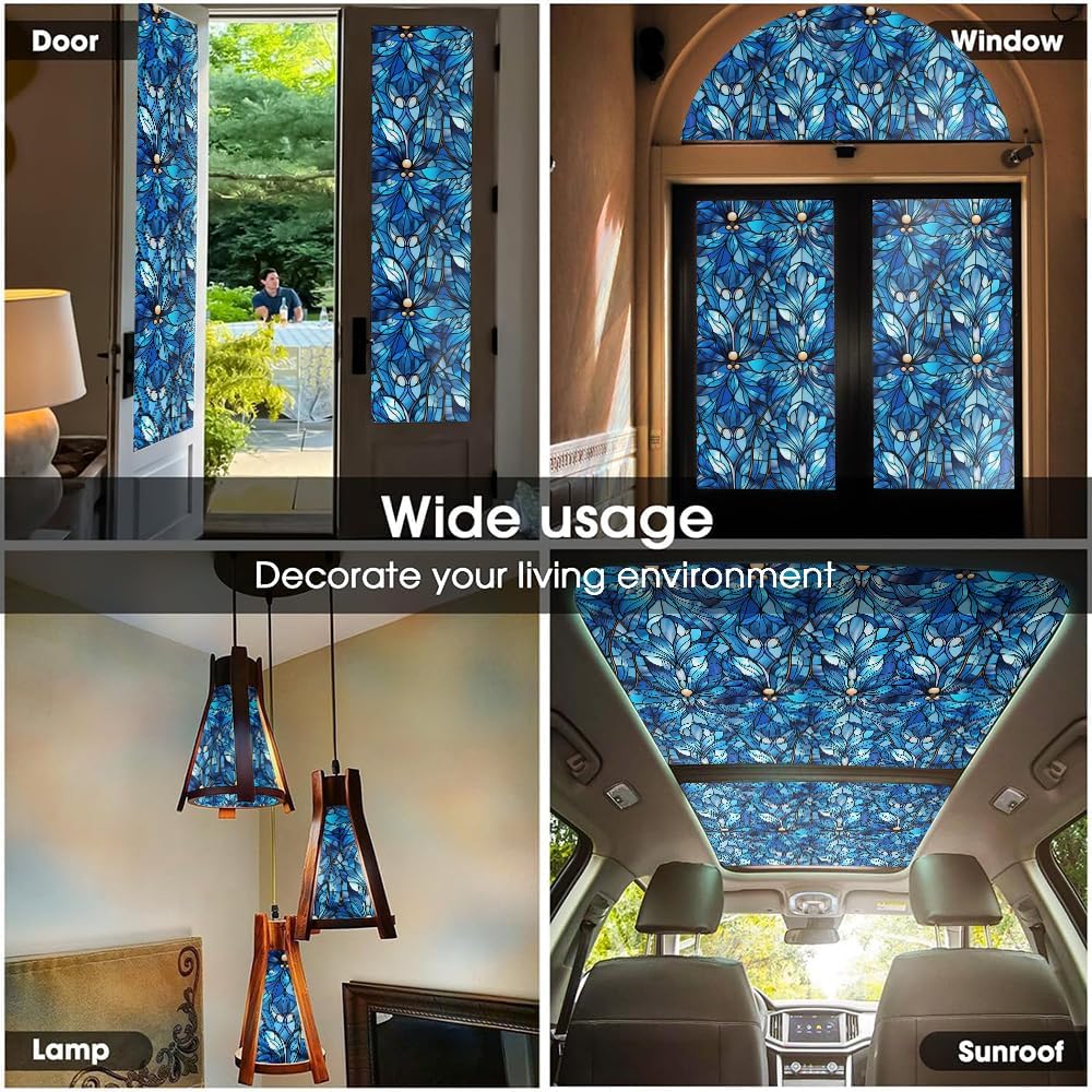16“x118 Blue Glitter Mosaic Modern Double Side Window Films Art Decorative Window Privacy Tinting Film Self-Adhesive Static Glass Window Clings Stickers for Living Room Bathroom