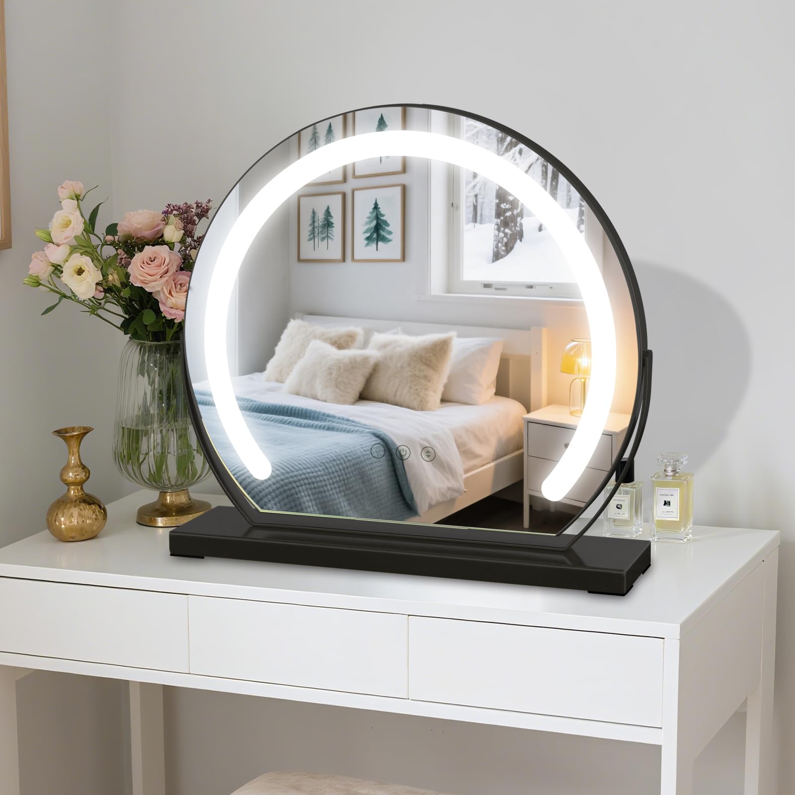 Espejo de maquillaje con iluminación, 40 x 40 cm, espejo de maquillaje giratorio en negro con LED de 9 W, 3 botones táctiles y atenuación continua, espejo de mesa moderno para maquillaje, baño