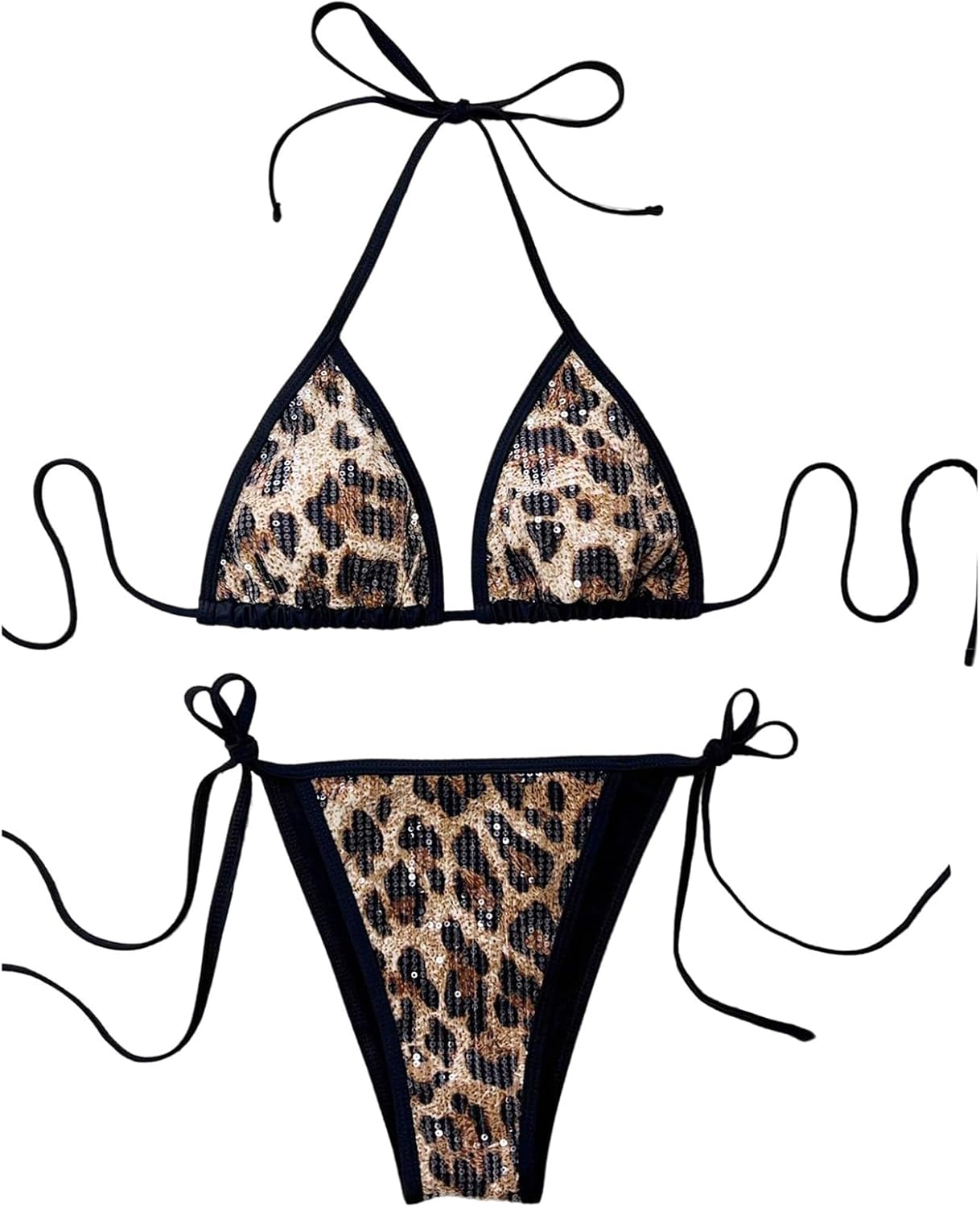 BEAUDRM Women's 2 Piece Cheetah Sequin Bikini Set Leopard Triangle Halter String Sexy Swimsuits Swimwear