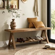 RowyPoey 54" Solid Wood Bench, Long Entryway Bench with Shoe Storage