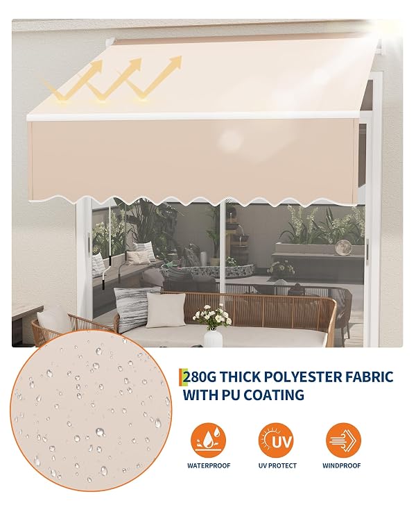 10x8ft Manual Retractable Awning, Waterproof Uv-Blocking Patio by Tackview - Image 6