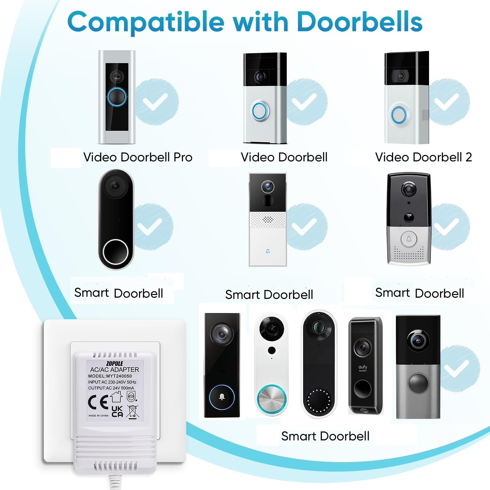 24 Volt 500mA transformador de timbre compatible con todas las versiones de timbre Ring y Nest Hello,Arlo, Eufy, Wyze timbre, adaptador de cable C para Nest,Honeywell termostato 8M cable largo.