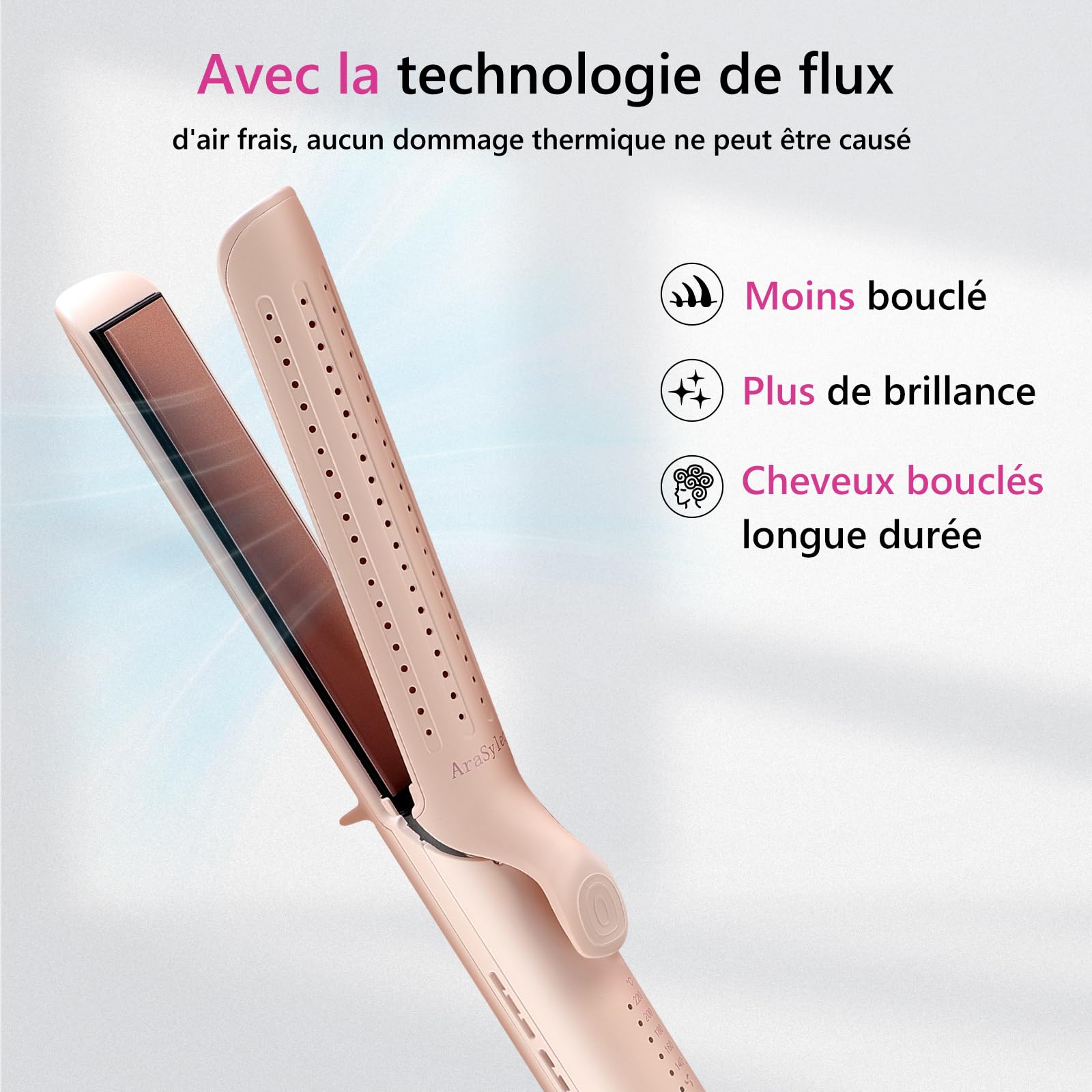 Lisseur 2 En 1 Air Froid, Chauffe 30S, Ions Négatifs, 110–240V | 5 Temp. (140–220°C), Anti-Frisottis, Arrêt Auto, Corps Isolé, Câble Rotatif
