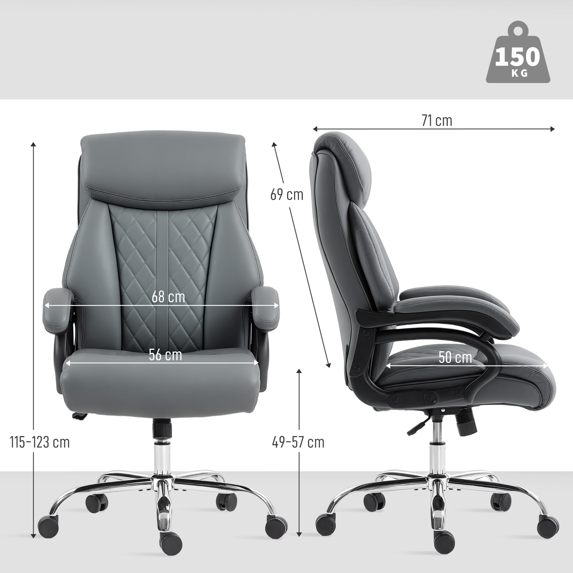 HOMCOM Bürostuhl mit Hoher Rückenlehne Wippfunktion PU-Leder Anthrazitgrau | Ergonomischer Chefsessel, Höhenverstellbarer Gepolsterter Computerstuhl, Kopfstütze, Drehbare Räder