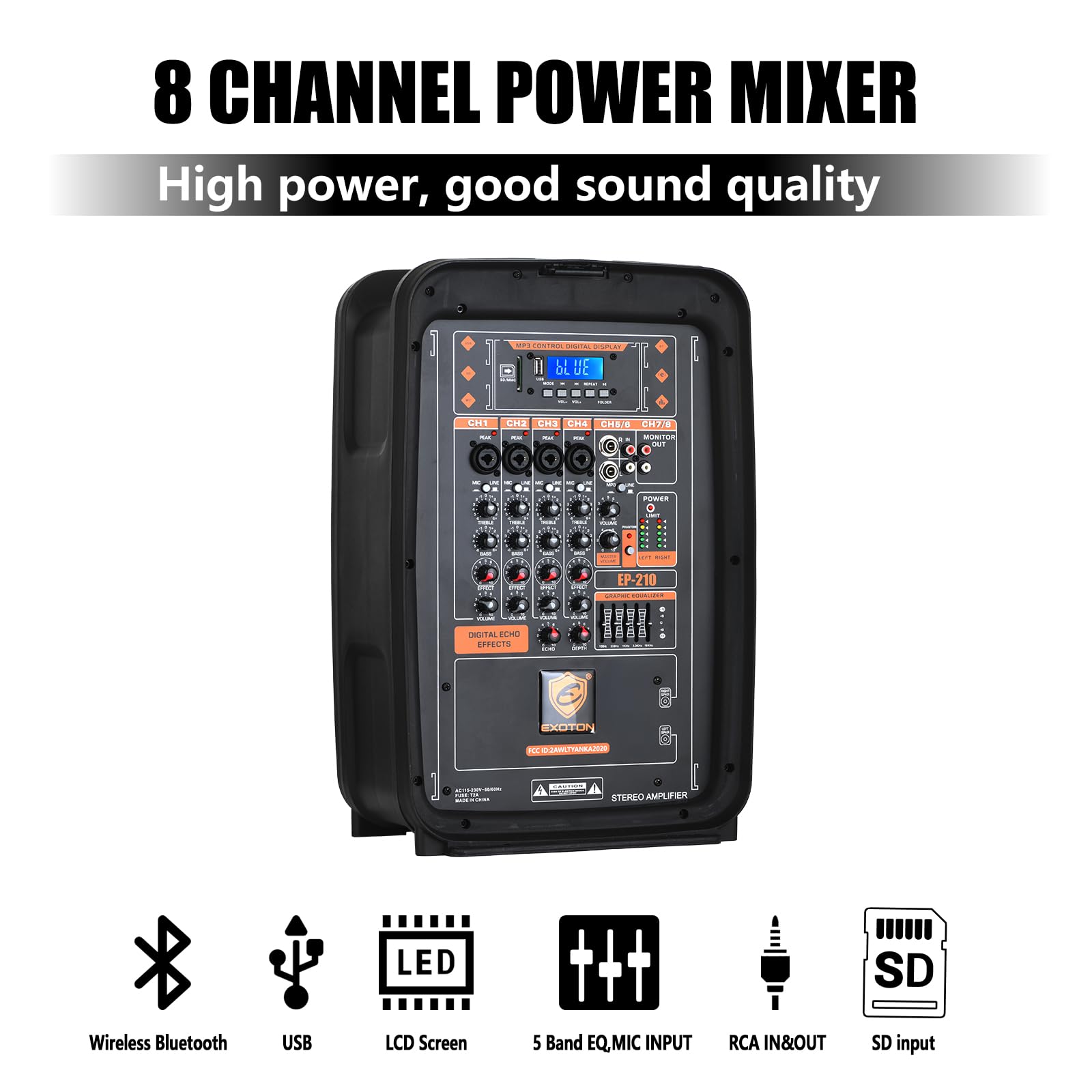 EXOTON 10inch PA System with 8-Channel Mixer,Portable 600W Bluetooth Speakers,USB/SD/FM/5-band EQ, Includes 2 Speaker Stands/Mic/48V Phantom Power,for Indoor&Outdoor