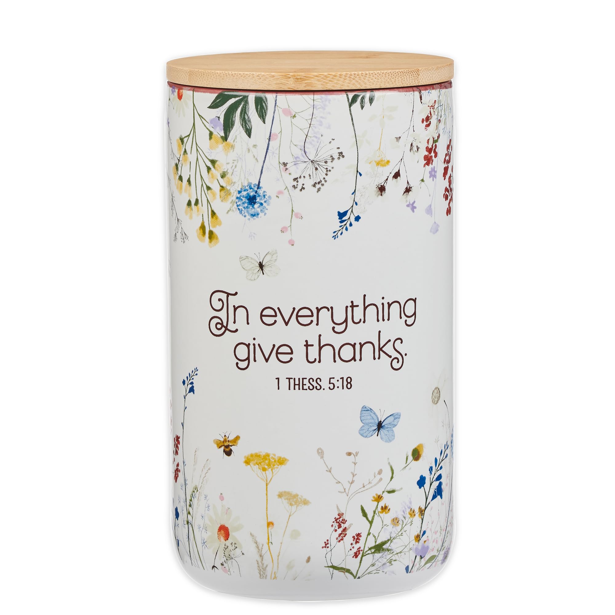 Christian Art Gifts Keepsake Count Your Blessings Ceramic Gratitude Jar Set w/Bamboo Lid: In Everything Give Thanks - 365 Bible Verse Note Cards, Multicolor Flowers & Butterflies, White/Purple Floral