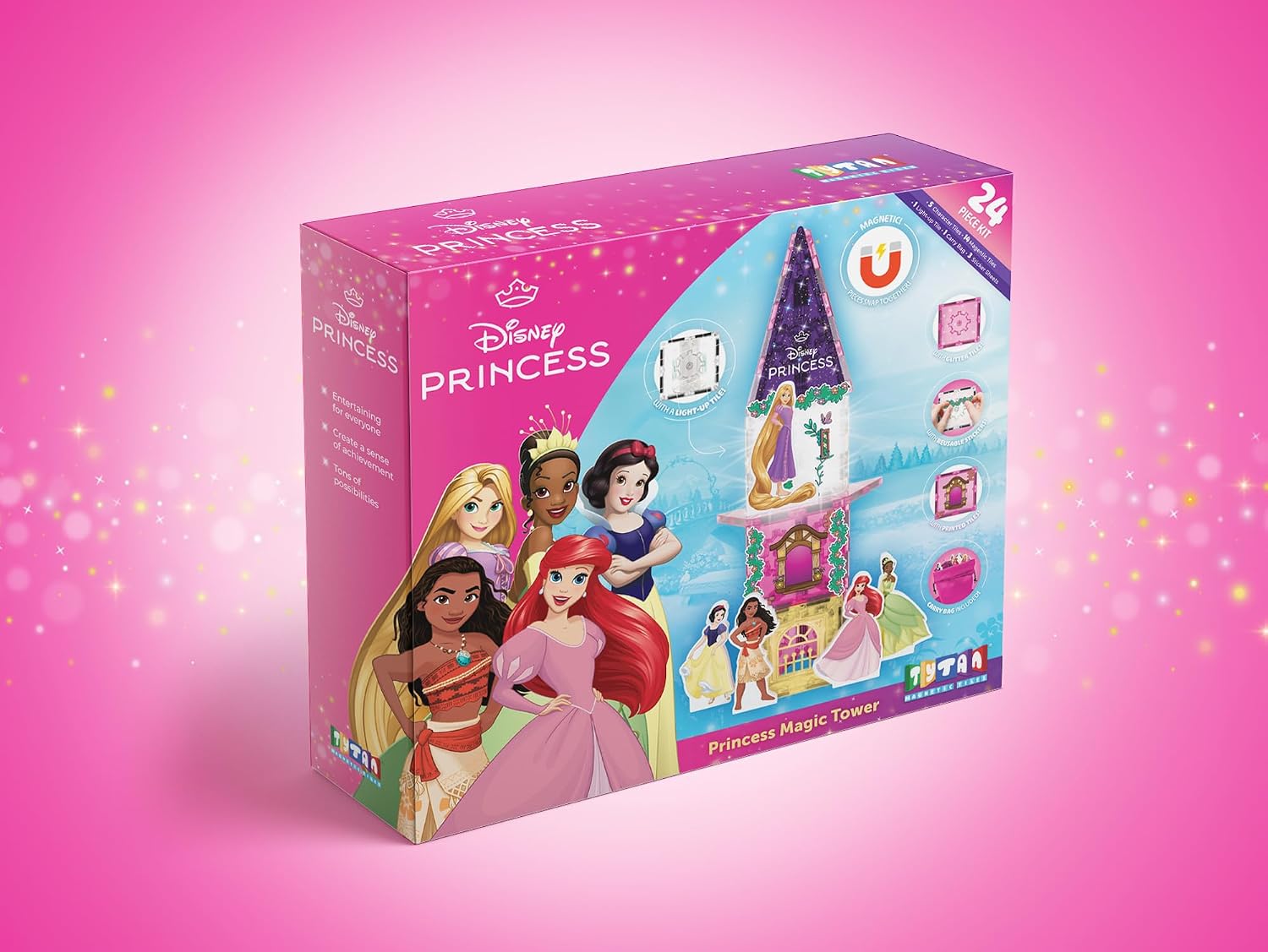 Tytan Official Disney Princess Magnetic Character Tiles – 24-Piece STEAM Building Set with Light-Up Tile, Reusable Stickers & Carry Bag – Princess Toy for Kids Ages 3+