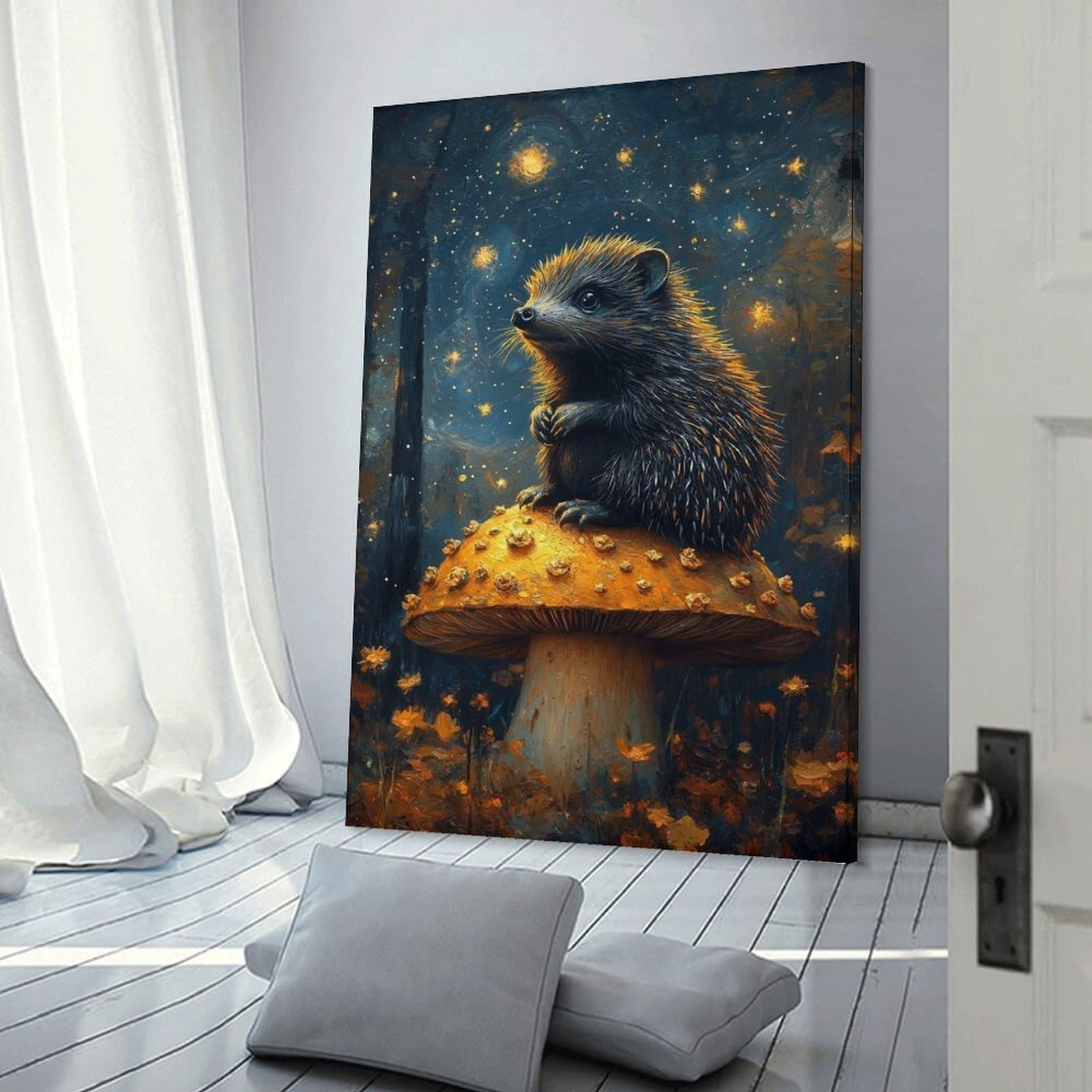 Junmoney Hedgehog on Mushroom in Starry Night Home Decor Wall Art, 24x36inch(60x90cm), for Calm Bedrooms, Home Corners Or Flats, Canvas Wall Decor for Personal Spaces