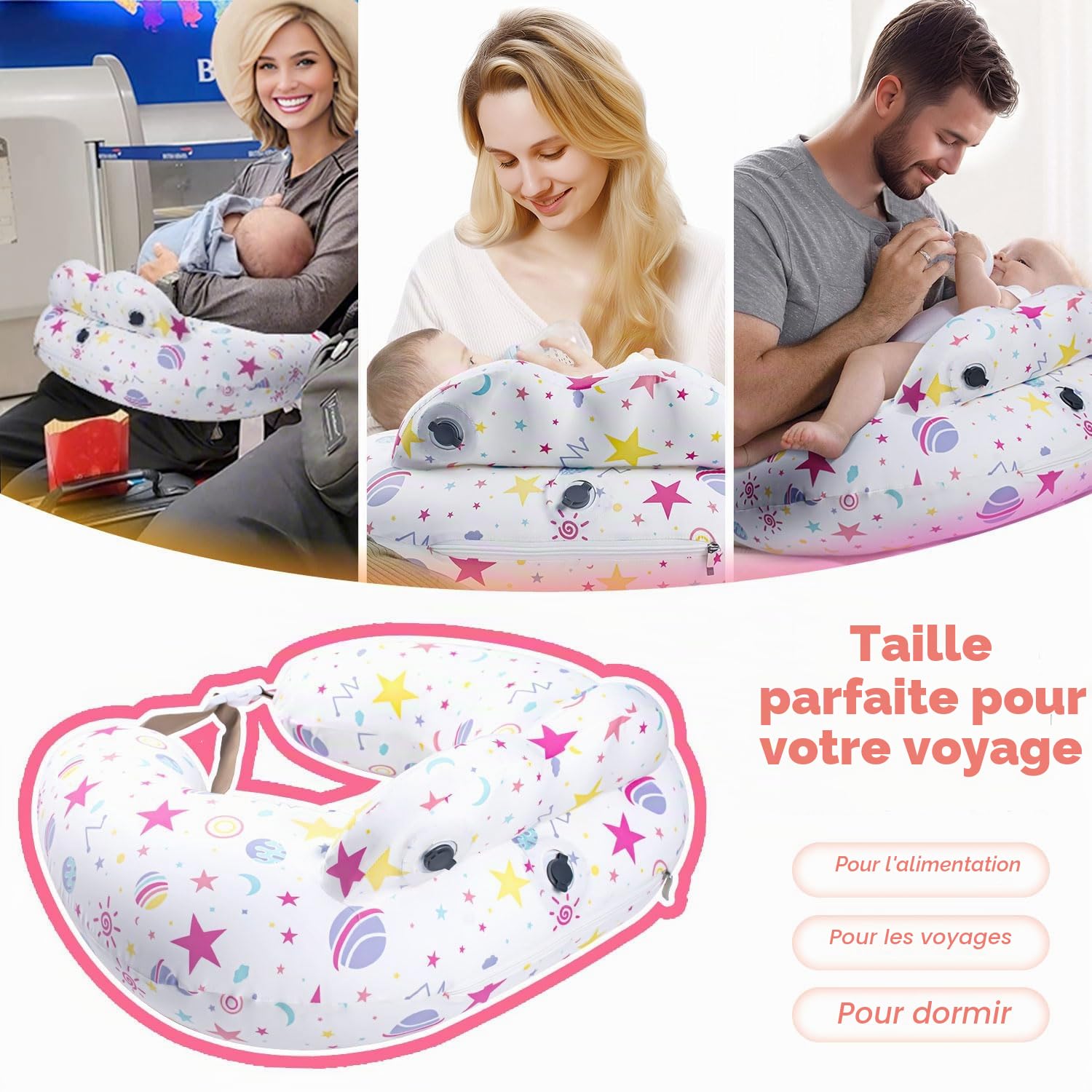 Coussin d'allaitement gonflable pour allaitement - Coussin d'alimentation de voyage pour le soutien maternel, ceinture de taille réglable, housse amovible 100 % coton - Accessoire portable essentiel