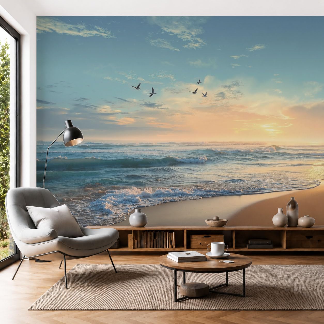 Papier peint vagues plage mouettes grand format déco murale chambre