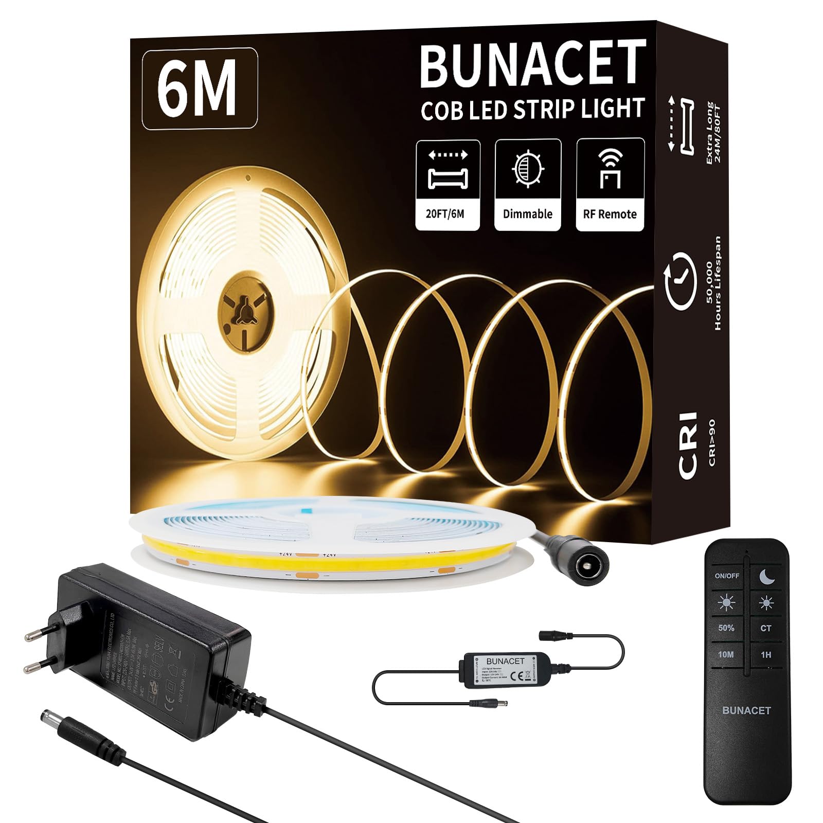 Taśma LED COB 6 m, ciepła biel, możliwość ściemniania, 24 V, 3000 K, CRI90+ taśma świetlna LED, z zasilaczem sieciowym i pilotem zdalnego sterowania RF, do kuchni, sypialni, salonu, szafy