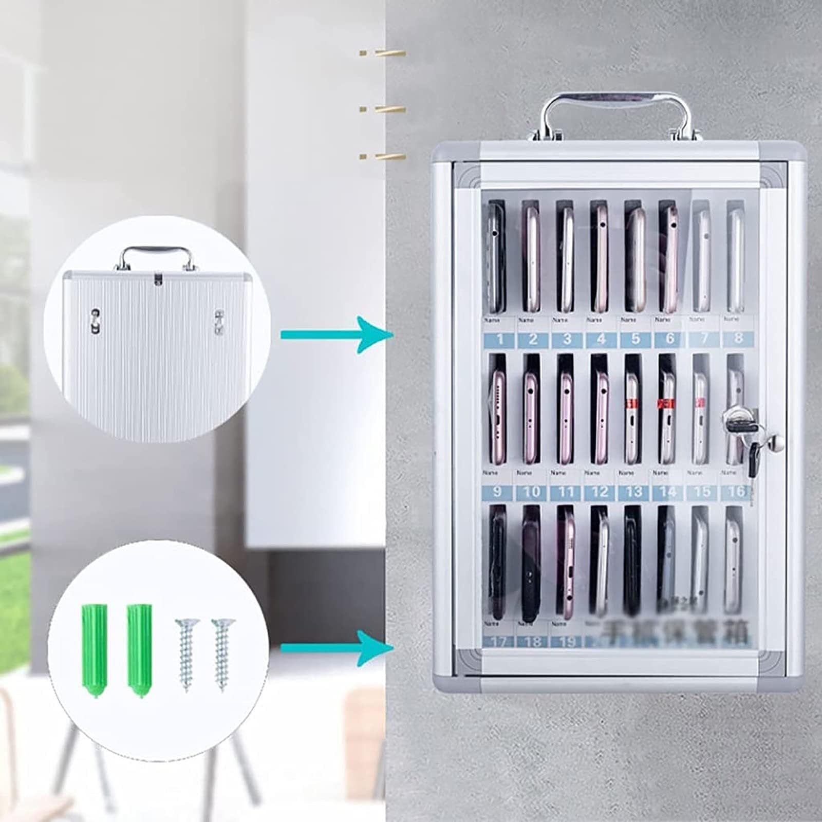 Aluminiowa montowana na ścianie szafka do przechowywania telefonu komórkowego z uchwytem z zamkiem bezpieczeństwa i 60 przegródkami idealna do szkoły klasy i organizacji biura