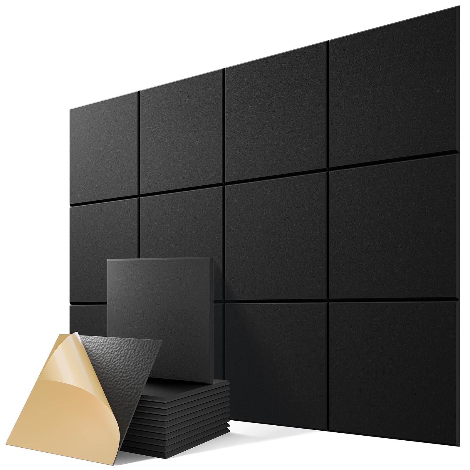12 Pack Self-Adhesive Acoustic Panels, 12" X 12" X 0.4" High-Density Polyester Sound Proof Foam Panels for Walls, Soundproof Wall Panels for Home & Office (Black)