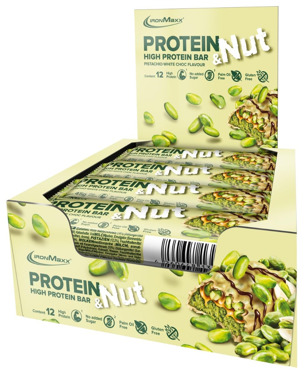 IronMaxx Protein & Nut Proteinbar - Pistacchio Cioccolato Bianco 12 x 45g | Barrette ad alto contenuto proteico con veri pistacchi | Senza glutine, senza zuccheri aggiunti e senza olio di palma