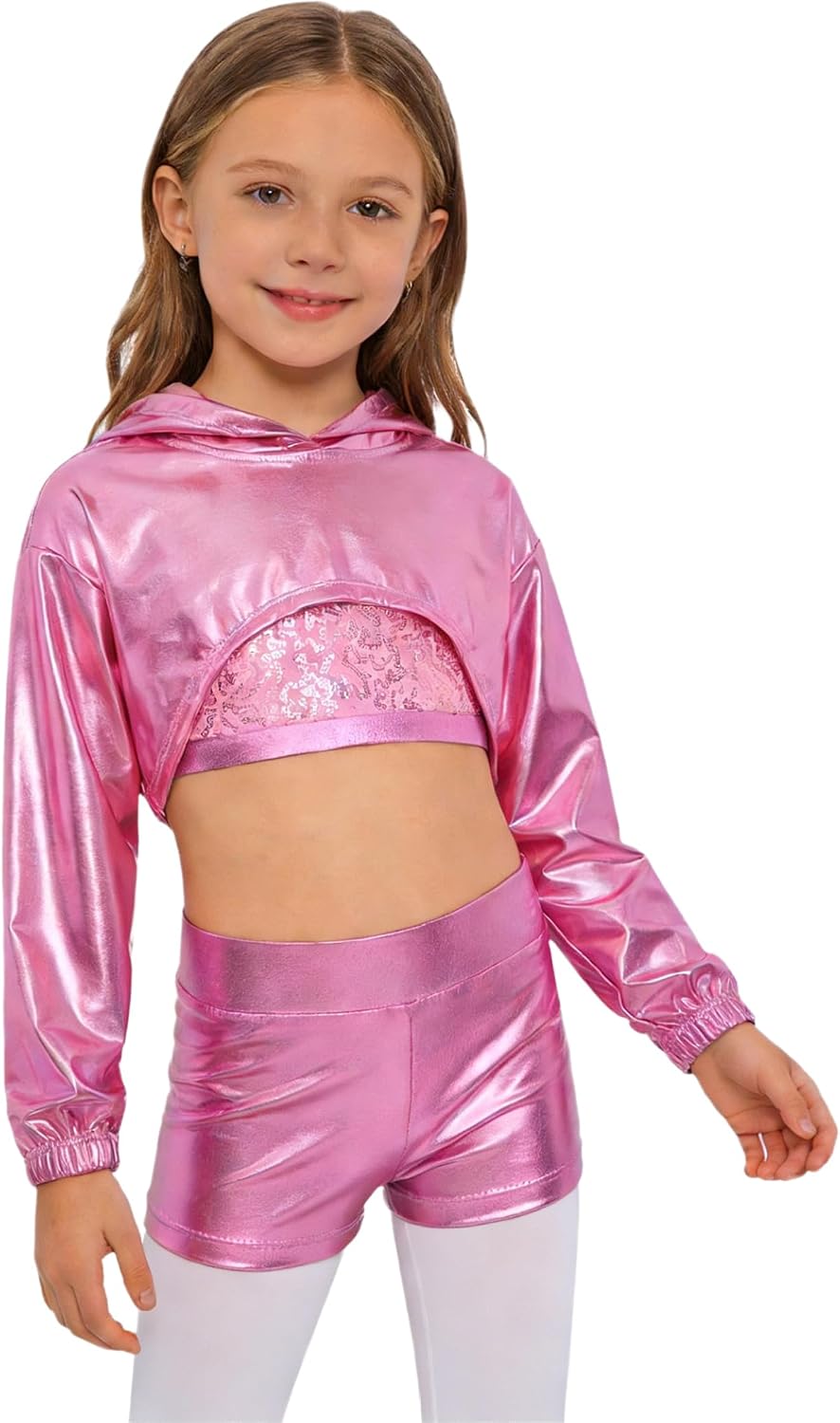 Linjinx Kids Girls Hip Hop Jazz Street Dance Outfits Long Sleeve Hoodie Bomber Jacket Sequins Cami Vest and Shorts Set