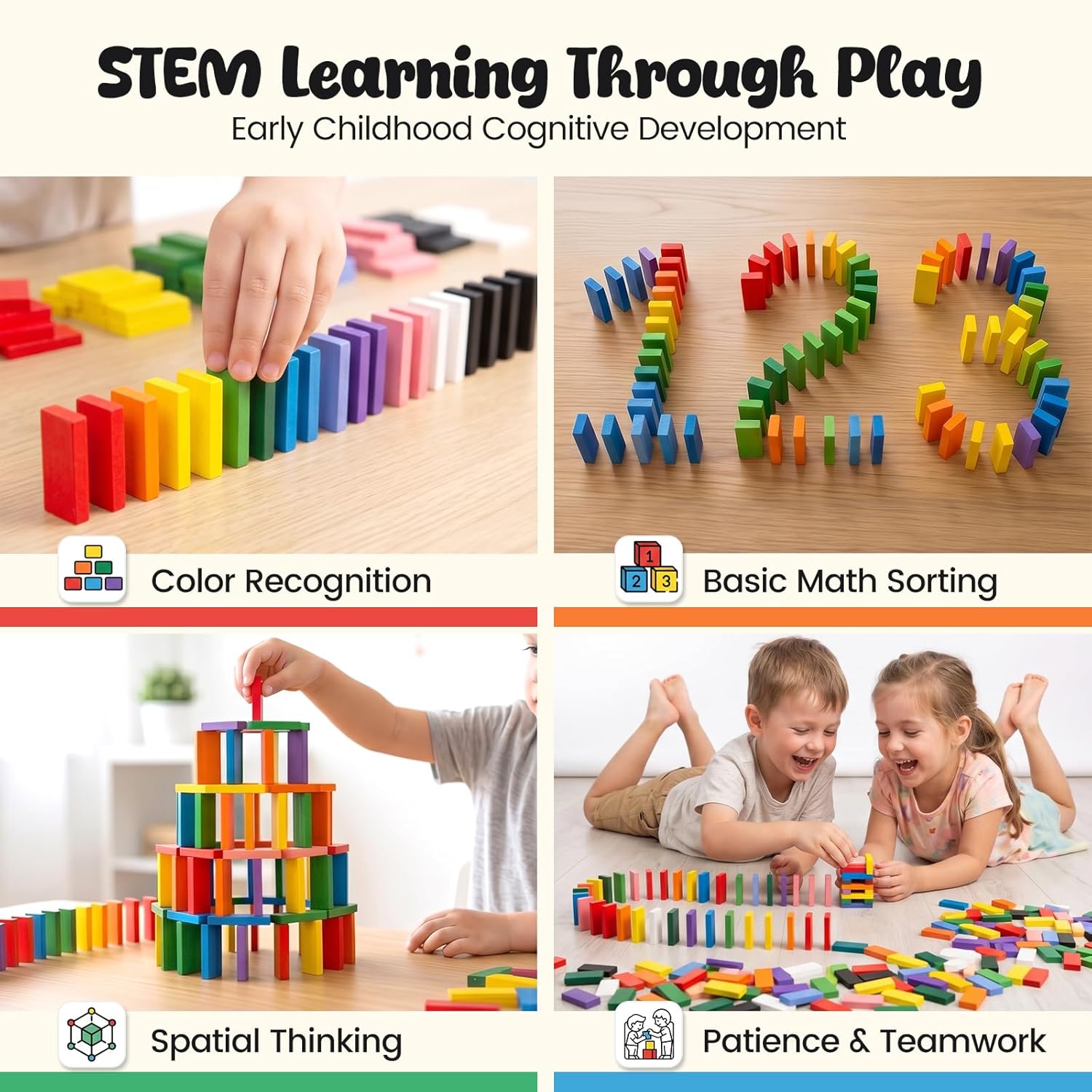 BigOtters Dominos Set for Kids,360 PCS Dominoes Wooden Building Blocks Stacking Educational Racing Toy Games, Party Favor for Boys and Girls, 12 Colors