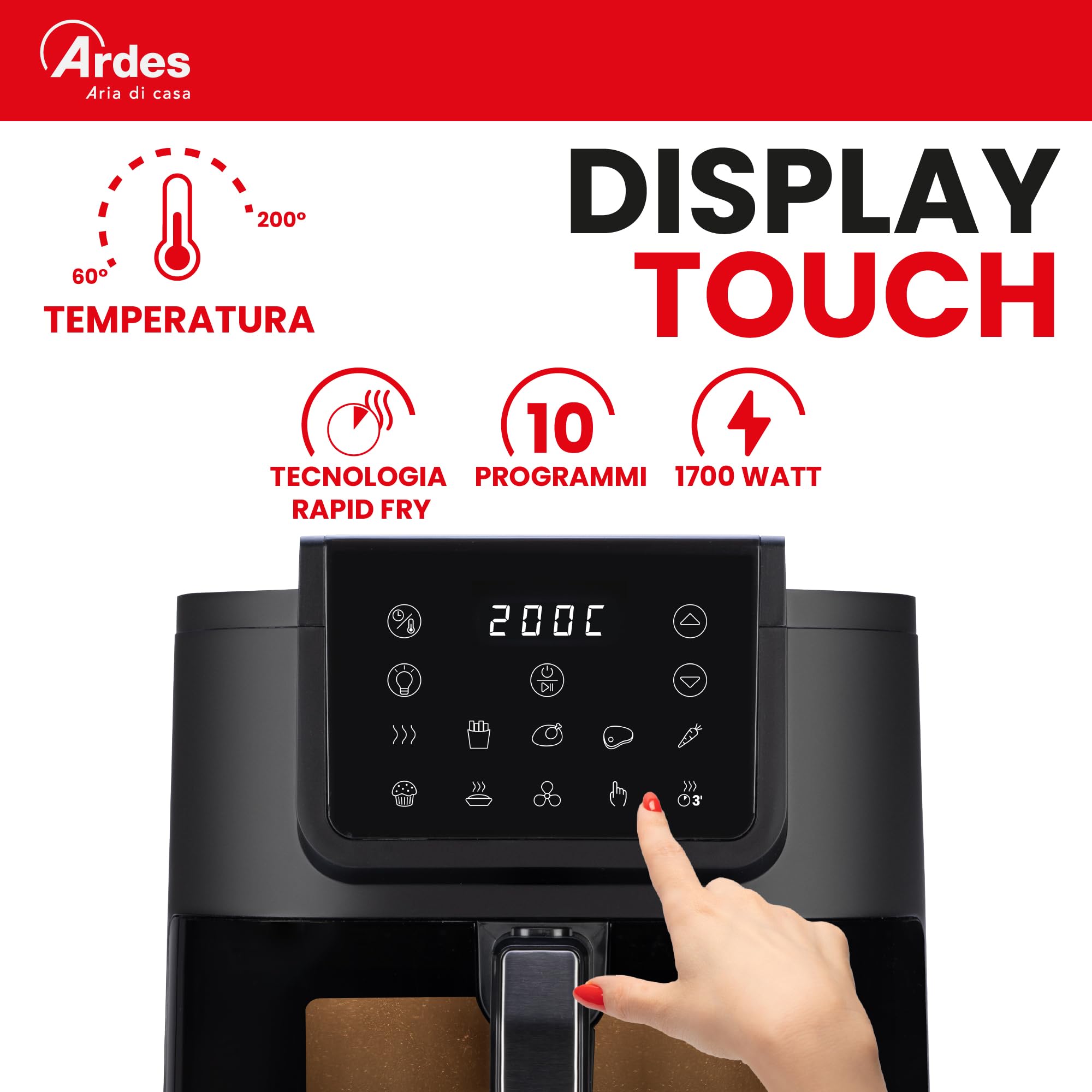 ARDES - ARFRYA08LV frytkownica na powietrze, 8 litrów, bardzo głęboka frytkownica INFINITY - technologia Rapid Air Fryer, wyświetlacz dotykowy, okno i światło wewnętrzne