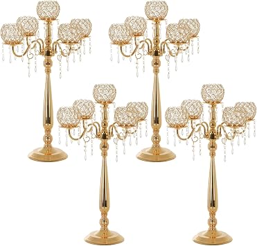 4 Packs 5 Arms Crystal Candelabra Wedding Centerpiece,Gold