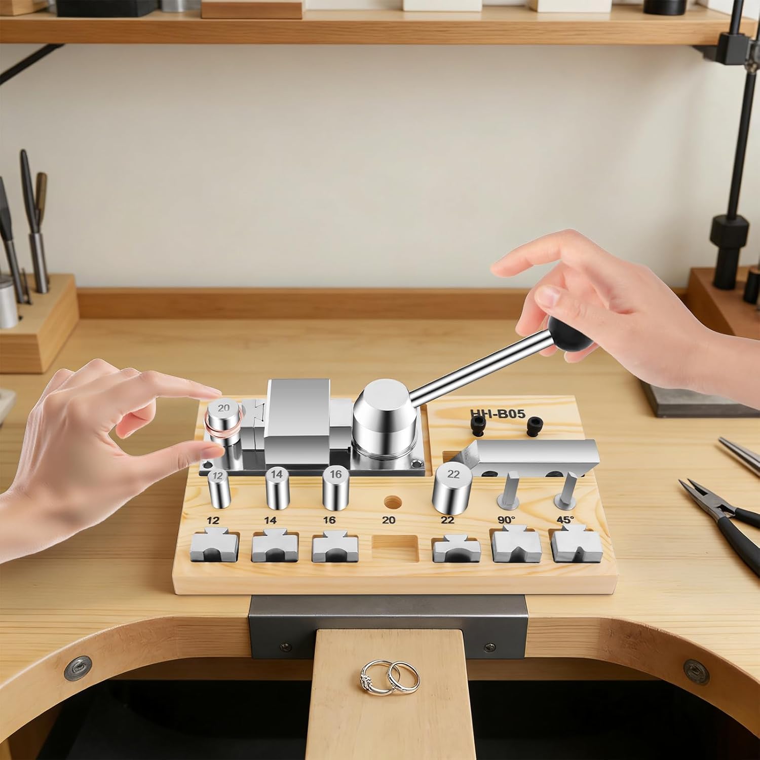 Ring Bending Tool, Professional Heavy Duty Spoon Ring Maker Kit with Steel Dies (12-22mm, 45°/90°), Manual Hand Crank Bracelet Press Bending Machine for Jewelry Making, Gold, Silver, Copper Metals