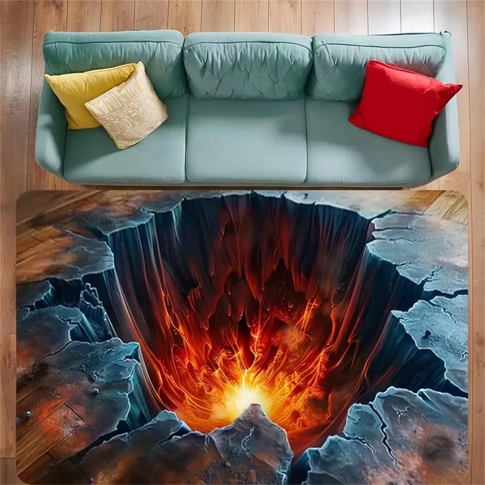 USHIRUG 3D Rock Lava Area Rug, 180x300cm,Red Gray Optical Illusion Flame Rock Printed Carpet, Volcano Pattern Decorative Carpet for Living Room, Entrance, Corridor, Non-slip Machine Washable Mat — image 1
