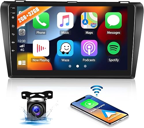 2+32GB Car Stereo for Mazda 3 2004-2009 Radio with Wireless Apple CarPlay Android Auto 9" Touch Screen Android Radio with GPS Navigation Bluetooth