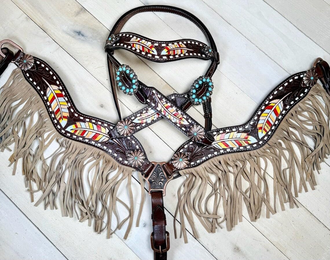 Western Leather Hand Tooled Headstall and Breast Collar Set with Reins. /Size-Full,Cob,Pony AA-06