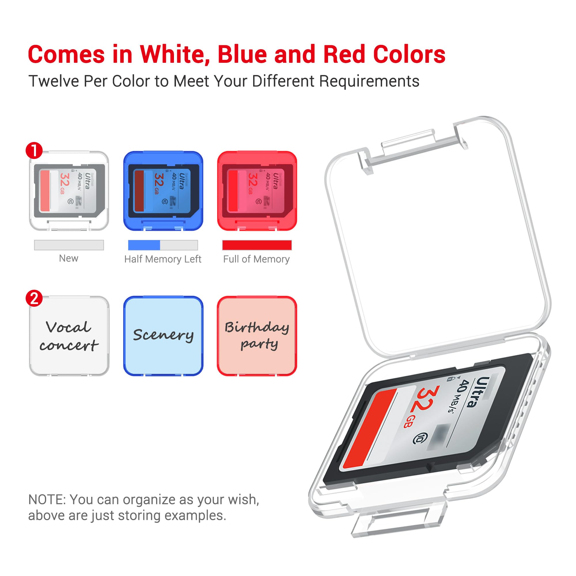 Kiorafoto Estuche para tarjetas de memoria SD con 36 fundas individuales de plástico transparente para tarjetas SD SDXC SDHC, resistente al agua, a prueba de golpes y polvo, transparente