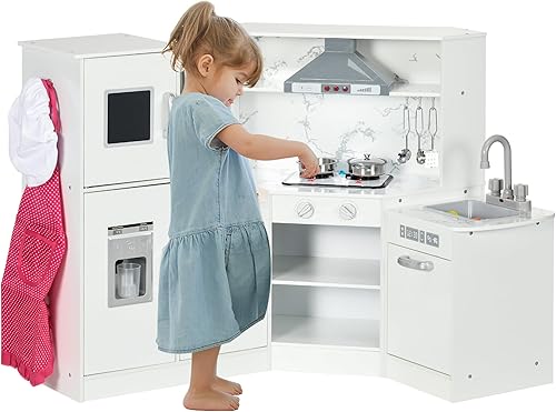 Qaba Juego de cocina de madera para niños pequeños, juguete de simulación para niños con luces, sonidos, delantal y sombrero de chef, máquina de