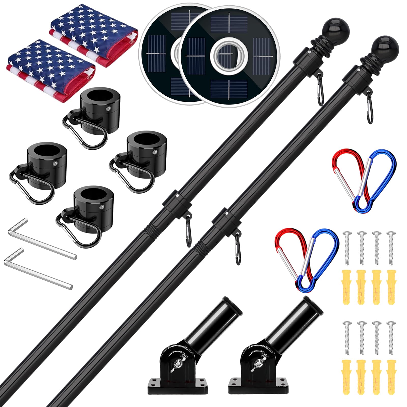 Photo 1 of ZMTECH 2 Pack 6FT Black Flag Pole Kit for Outside House with Solar Light & American Flag, 180° Adjustable Bracket and Upgraded Tangle-Free Ring 1" Stainless Steel Flagpole for Residential, Commercial
