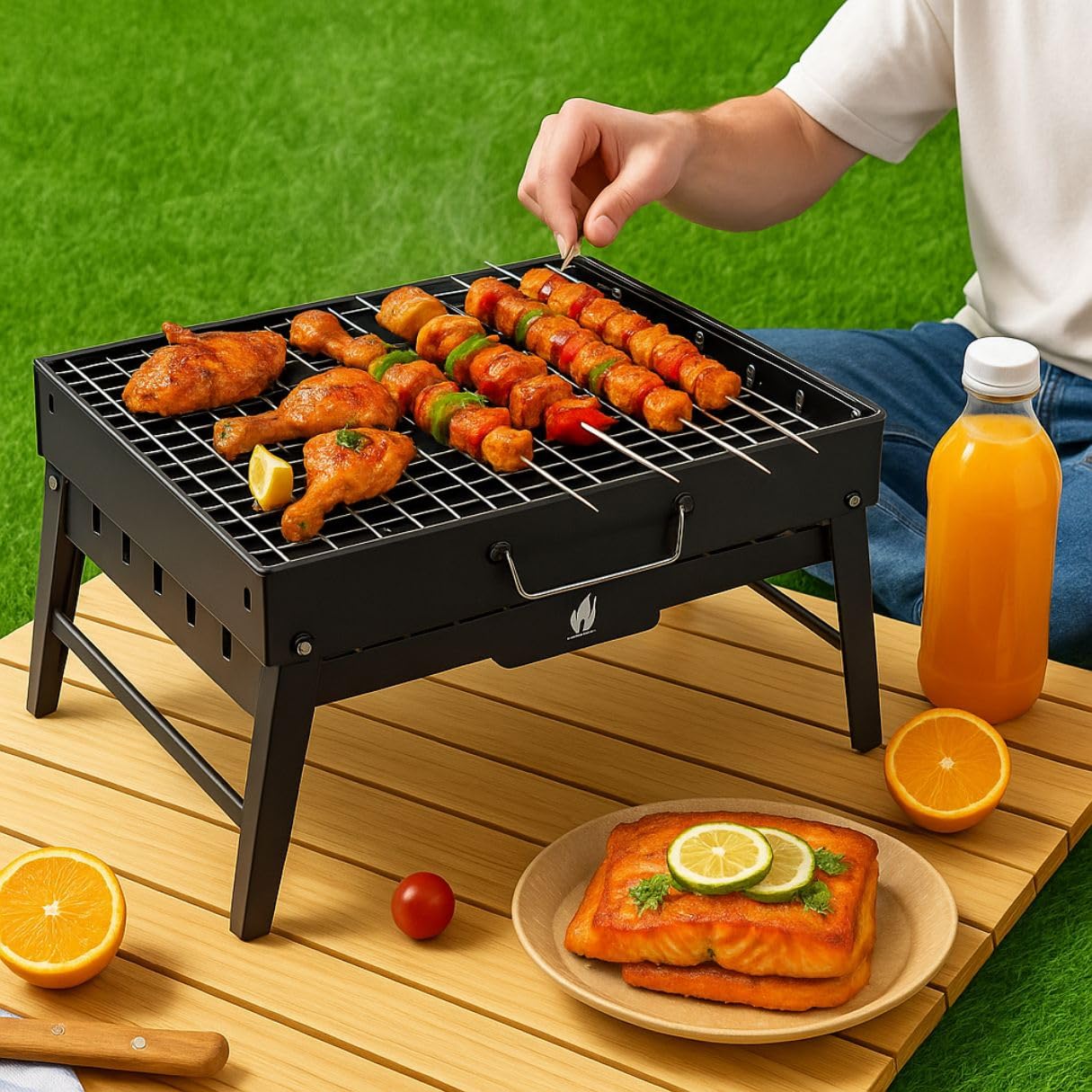 Royalkart® Barbeque Grill Set - Foldable Charcoal Grill | Includes 2 Spatulas, 10 Skewers, 1 BBQ & Air Blower | Portable Outdoor BBQ Grill for Camping, Hiking, Traveling - (Stellar Black).