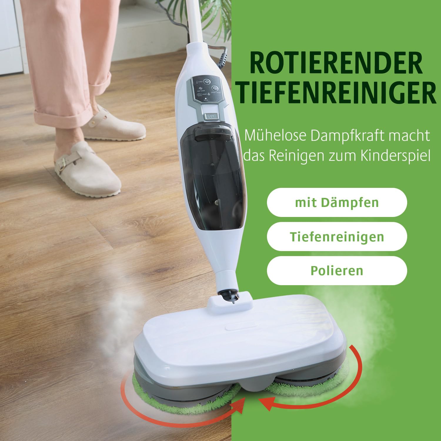 3 PAGEN® Rotierender Dampfreiniger Mop 2-in-1 inkl. 10-tlg. Zubehör – 1300W Steam Twister Mopp Bodenwaschmaschine + Handdampfreiniger in einem – Reiniger für Böden, Bad, Fugen, Flächen, Polster & mehr