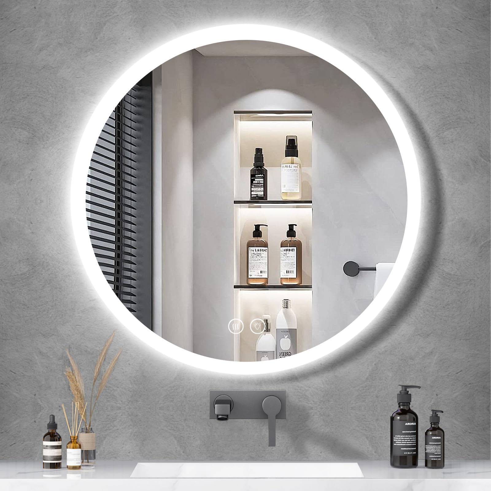 Habison Runder LED Badezimmerspiegel 70cm Bad Wandspiegel Acrylrahmen Lichtkreis Warmweiß/Kaltweiß/Neutral Beschlagfrei mit Touch Schalter 3000K-6000K IP44 Wasserdicht