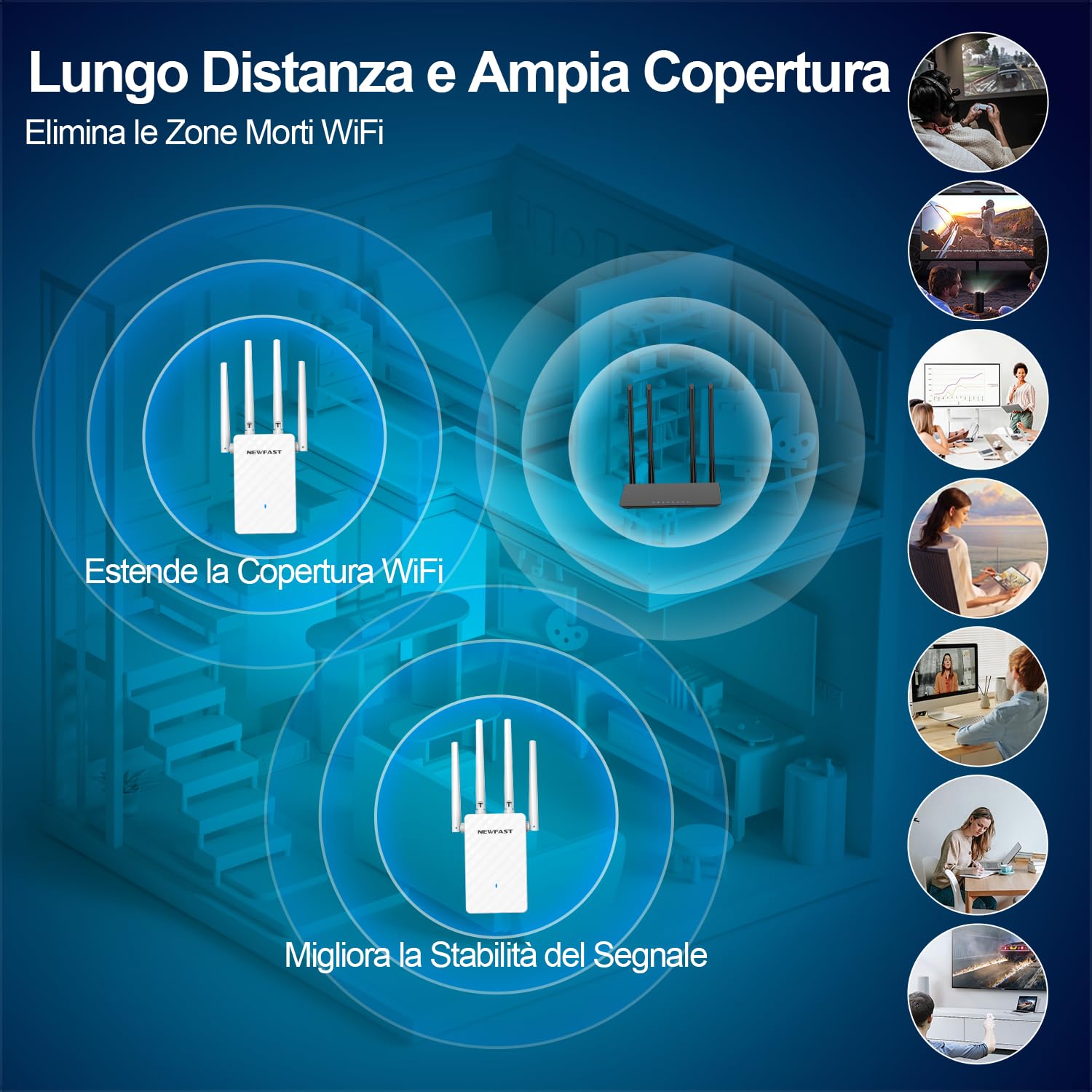NEWFAST Ripetitore WiFi Potente per Casa, Extender WiFi Potente 2.4GHz N300 Amplificatore Wi-Fi con 4 Antenne ad Alto Guadagno, Porta LAN, Supporta 4 Modalità, WPS Funzione (NF-RE516)