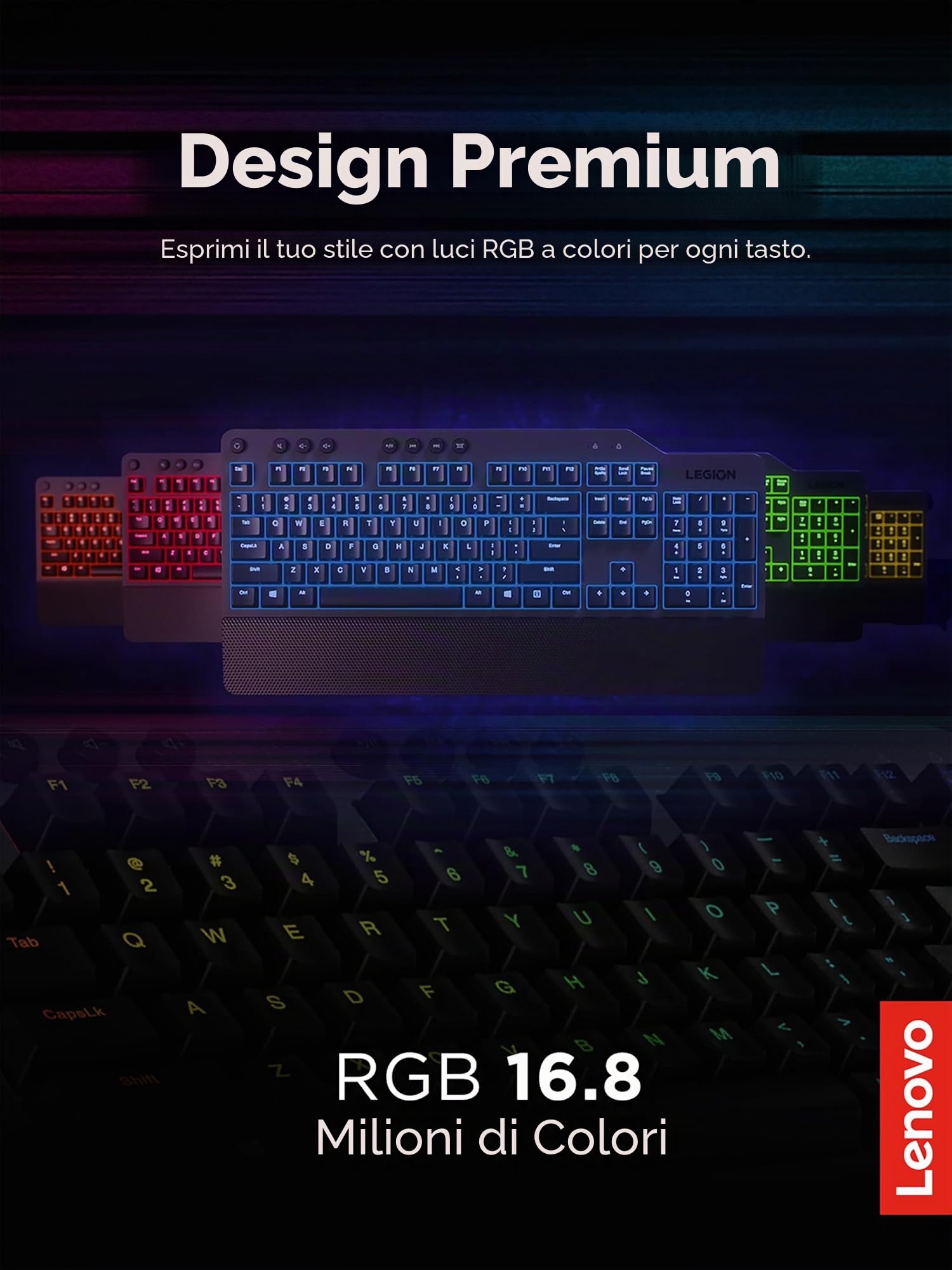 Lenovo GY40T26478 Legion K500 RGB Mechanical Gaming Keyboard, 3 Zone Full-Size Keyboard, 7 User Programmable Hot Keys; 16.8 Million Colors, 50 Million-Click Red Mechanical Keys, Detachable Palm Rest