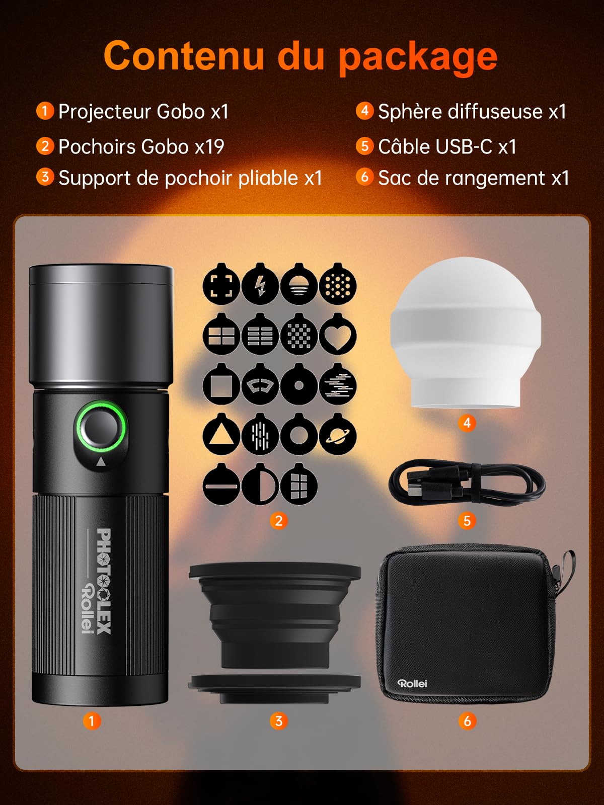 Torche Photo, Rollei Photoolex Gobo Light Lampe Photographe LED avec 4 Filtres Couleur & 19 Accessoires, Lumière Rechargeable avec Batterie 8400mAh et Diffuseur, Torche-Photo-Lampe-Lumière-Photographe